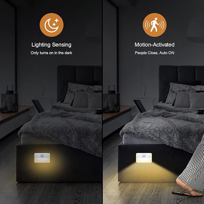 【4 Pack】 Motion Sensor Night Light, Stick-On Motion Sensor Lights Indoor, Battery Powered Under Cabinet Kitchen Lights with Adhesive Pads, Auto/On/Off for Cupboard Wardrobe Stair Kitchen- Warm White
