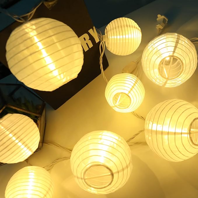 Vigdur White Lantern String Lights - Large and Small Hanging Nylon Lantern Lights Plug in for Indoor Bedroom Party Outdoor Patio Backyard Use,9.84FT
