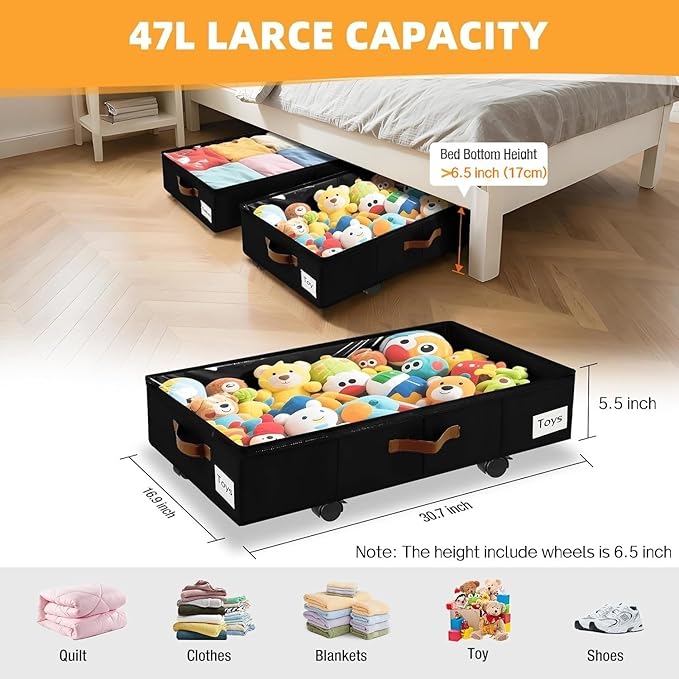 2 Pack Under Bed Storage with Wheels – 30.5×17×6.5 Inch, Underbed Storage with Sturdy Sidewalls/Bottom, Clear Cover, Label and PU Handle, Rolling Under Bed Drawers for Clothes, Shoes, Toys, Blankets