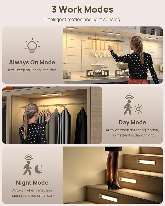 12inch Under Cabinet Lighting with Remote, 2500mAh Rechargeable Motion Sensor Light Indoor, LED Closet Lights with Timer, Dimmable, Magnetic, 3 Color Temps Wireless for Kitchen, Pantry, Stair, 6 Pack
