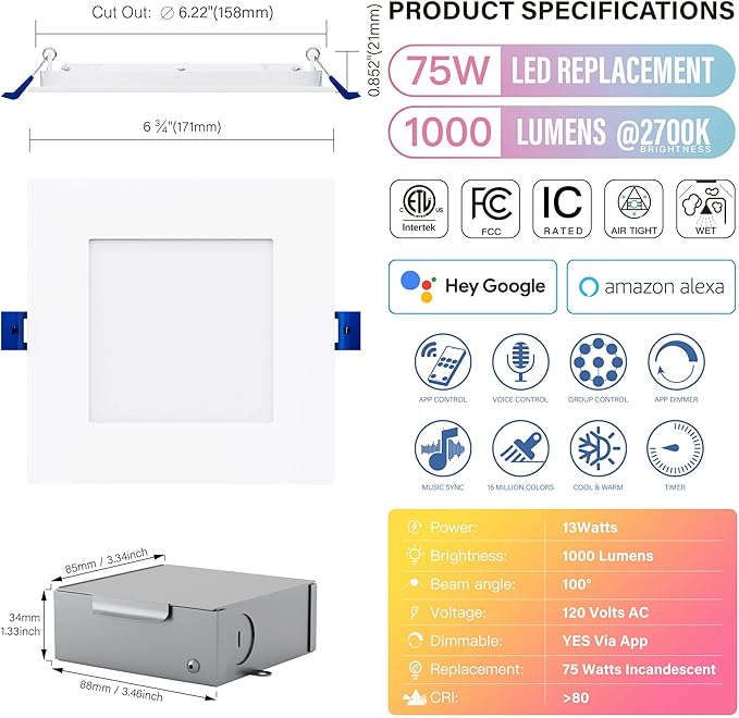 6" LED Smart Slim Recessed Pot Light, Square, WiFi APP & Voice Control, 120V, 13W, 1000LM, RGB + 2700K-6000K, ETL & FCC & IC Rated, Wet Location, Works with Alexa/Google Home, White - 1 Pack