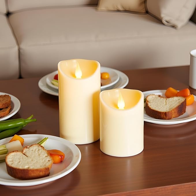 LEOSAN Led Flameless Candles Outdoor Indoor Battery Operated Flickering Candles with Remote Timers Won't Melt Ivory Plastic Dia 3" x H 4" 5" 6" for Halloween, Party, Valentine's Day, Wedding 3 pcs