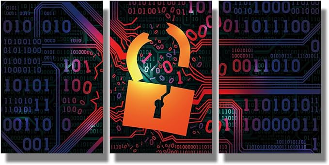 Framed Wall Art 3 Panels Hacking Firewall Hacked with Binary Code Pictures Print On Canvas for Living Room Bedroom Wall Decoration, Stretched Framed Ready to Hang, 12x16inchx3