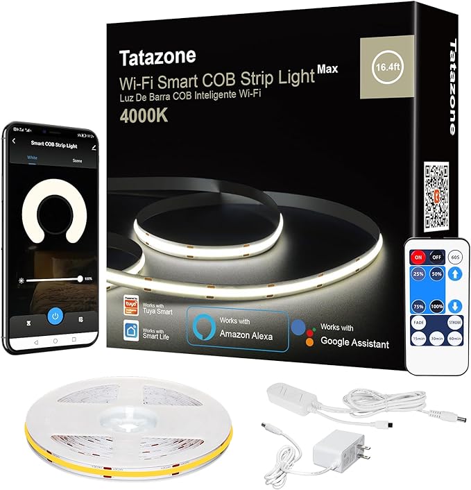 Smart White COB Led Strip Light with App and Remote, 16.4ft 4000K WiFi Bright COB Light Strip Compatible with Alexa Google, Dimmable Indoor COB Led Lights for Mirror, Room, Cabinet, Kitchen