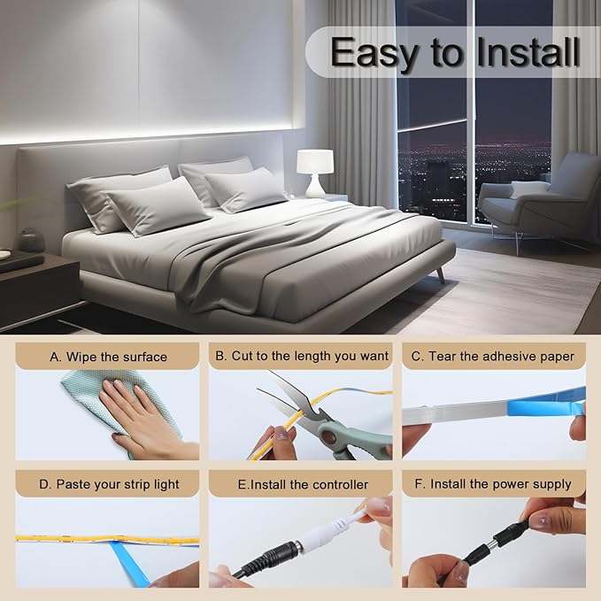 COB LED Strip Light 24V, 16.4ft White LED Light Strip with Remote, High Density Flexible White Tape Lights, CRI90+ LED Lighting for Backlighting for TV, Bedroom, Cabinet, Indoor Decor