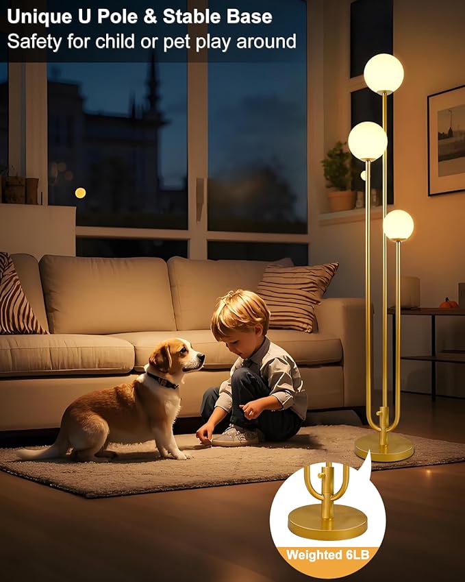 Lightdot 63IN Gold Floor Lamp Dimmable 3-Lights Globe LED Floor Lamps with Bulbs Included for Wedding/Party Candle Holder Style Tall Standing Lamp for Living Room/Bedroom/Sofa Beside/Corner Decor