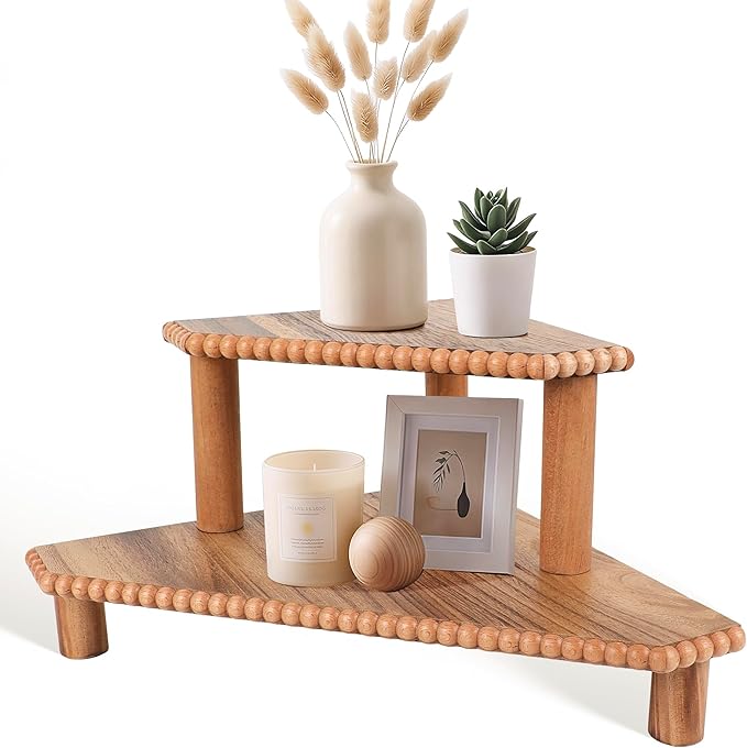 2-Tier Rustic Corner Shelf for Kitchen Counter,Wood Beaded Farmhouse Countertop Organizer with Removable Feet, Stackable Bathroom Vanity & Coffee Bar Decorative Riser Stand(Rustic Brown)
