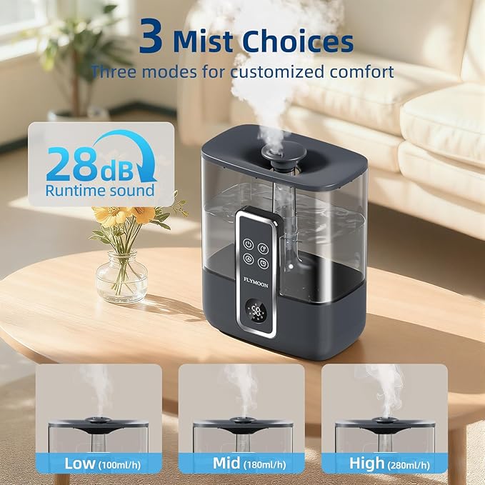 FLYMOON Smart Humidifiers for Bedroom, 5L Top Fill Cool Mist Humidifiers for Large Room, 50H Runtime, 28 dB Quiet,12H Timer, App Control, Ultrasonic Humidifier for Plants, Baby, Indoor, Home, Black