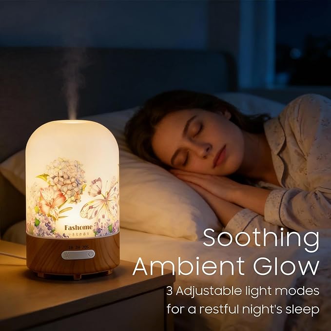 Essential Oil Diffuser Hand Blown Glass, 100ml Small Aromatherapy Diffuser, Auto Shut-Off Function, Ultrasonic Diffusers for Essential Oils, Cool Mist Humidifier with Warm White Lights