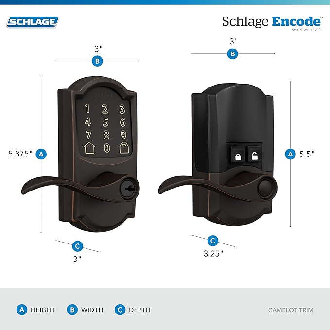 Schlage Encode Smart Wi-Fi Lock with Lever Handle, Touchscreen Keypad, Keyless Entry Door Lock, App Control, Alexa, Google Home and Airbnb Compatible, Aged Bronze, FE789WB CAM 716 Acc