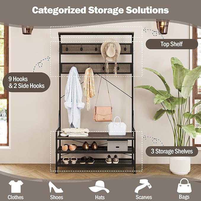 Giantex 4-in-1 Hall Tree with Bench and Shoe Storage, 72.5" Freestanding Coat Rack with Shoe Bench, 11 Hanging Hooks, Anti-Tipping Kits, Metal Mudroom Storage Organizer for Entryway, Hallway, Grey