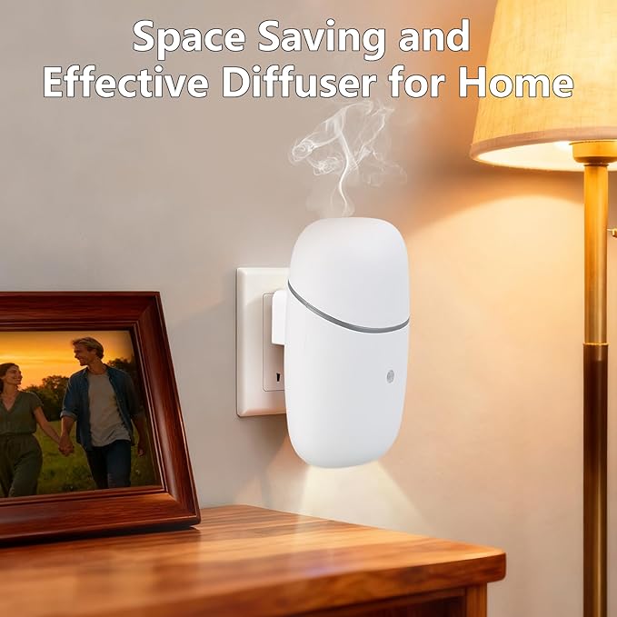 Waterless Essential Oil Diffuser, Plug in Air Scent Diffuser, Small Aromatherapy Frangrance Diffuser Machine with Night Light for Home, Living Room, Bathroom, Kitchen, Office, Hotel, White