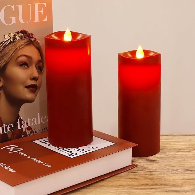 7” x 3” Flameless Candles, Flickering Moving Flame LED Candles, Battery Operated Candles with Remote and Timers, Burgundy, Set of 2