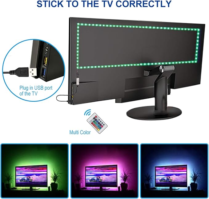 3M 10FT RGB LED Strip Lights, IP65 Waterproof Colored USB TV Backlight with Remote, 16 Color Changing 180 5050 LEDs Bias Lighting for HDTV, Multicolor for TV PC Background Lighting, No Adapter