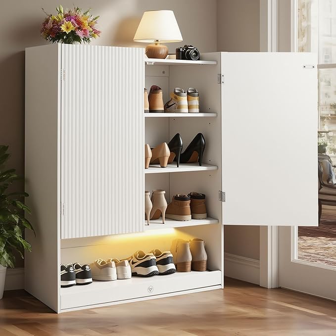 Shoe Cabinet with LED Light, 4-Tier Shoe Storage Cabinet with 2 Adjustable Shelves, Large Shoe Storage with Fluted Panel Modern Shoe Rack for Entryway, Bottom Pop-Up Shoe Rack, White