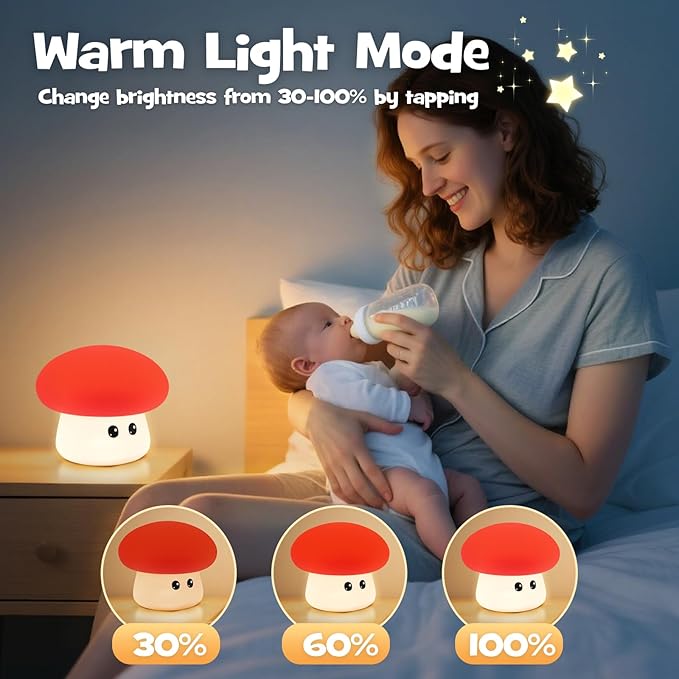 Squishy Big Eyes Mushroom Night Light with RGB Mode 3 Brightness Adjustable Nursery Breastfeeding Nightlight Cute LED Red Mushroom Lamp Rechargeable Silicone Touch Bedside Lamp for Bedroom Dorm Decor