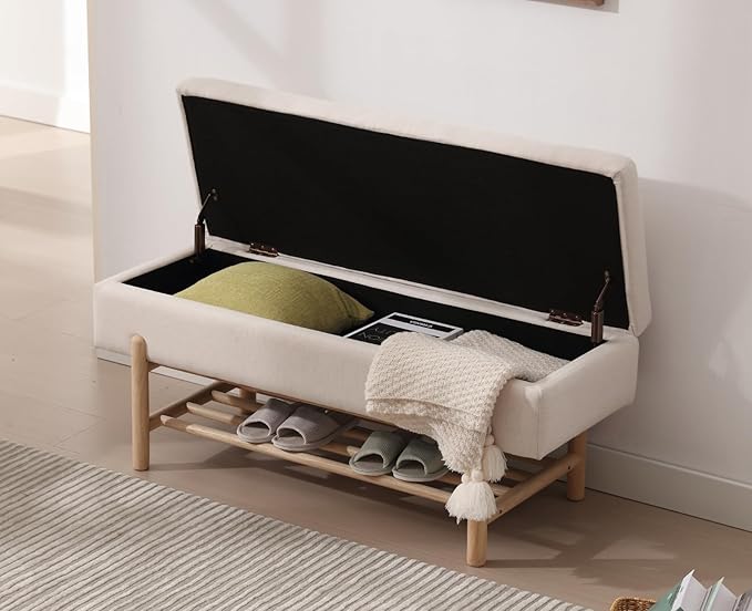 Modern Entryway Storage Bench, Upholstered Shoe Ottoman Bench, Flip-Top End of Bed Bench with Wood Shelf for Living Room/Bedroom/Hallway/Under Window,45Inches, Beige Linen