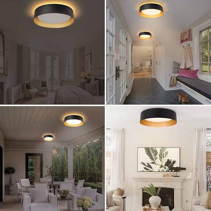 Bargeni Flush Mount Ceiling Light,12.5 inch LED Ceiling Light with Night Light,Matte Black with Gold Inside,24W/2700K/3000K/4000K/5000K/6000K/5CCT Selectable,Light Fixtures Ceiling Mount for Bedroom