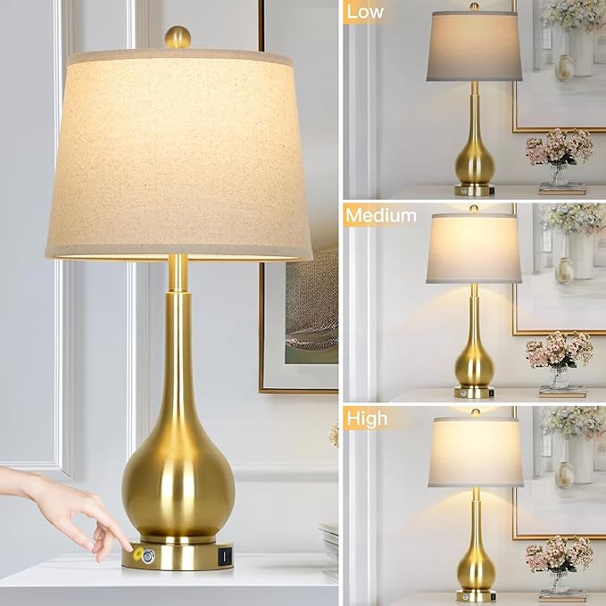 26" Gold Lamps Set of 2 for Living Room, Touch Control Table Lamps for Bedroom, 3-Way Dimmable Bedside Lamps for Nightstand with with USB A+C Ports (2 LED Bulbs Included)