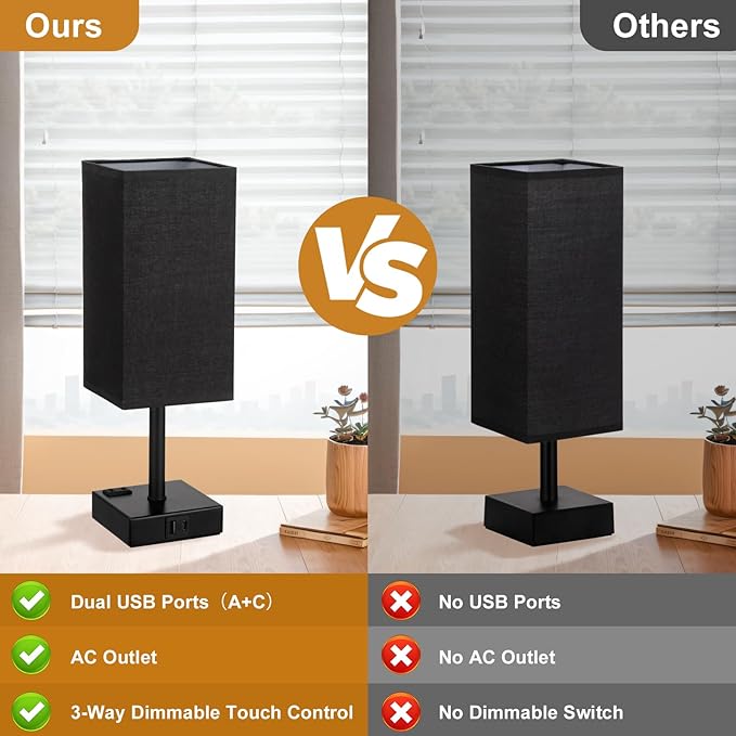 aooshine Black Bedside Lamp for Nightstand - Touch Table Lamp with Type C + A and AC Outlet, Square Charging Lamps for Bedroom Decor, Dorm Lamp for Men, E26 Bulb Included (3000K)