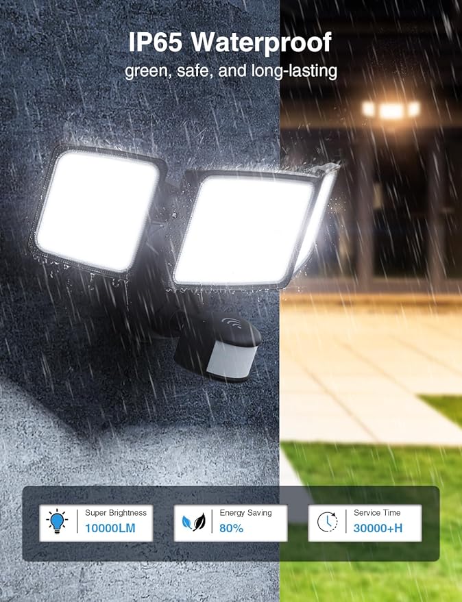 Onforu 100W 9000LM Smart LED Security Lights Motion Sensor Outdoor, WiFi Alexa Flood Light APP Control, 2500K-6500K, Motion Detector with Adjustable 3 Head, IP65 Wall Light for Yard (Black)