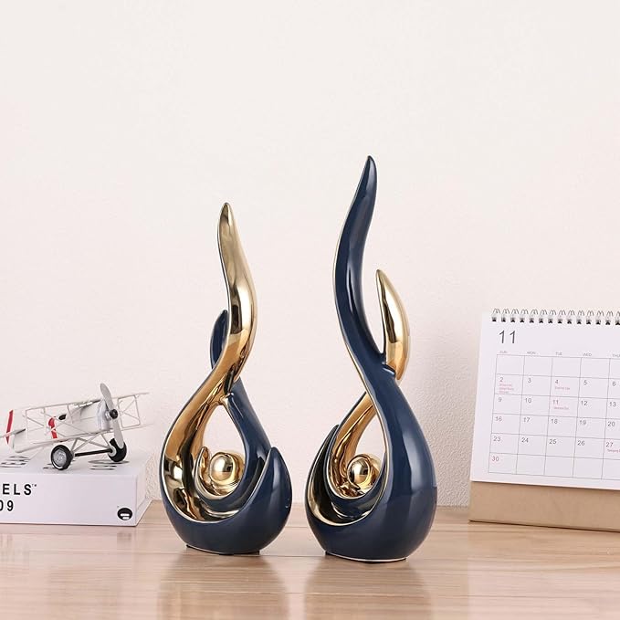 Abstract Ceramic Modern Sculpture, Knick Knacks Statues for Living Room, Shelf, TV Stand, Coffee Table, Dining Room, Office, Bedroom, Home Decor, Centerpiece, Great Gift Idea (Blue Gold)