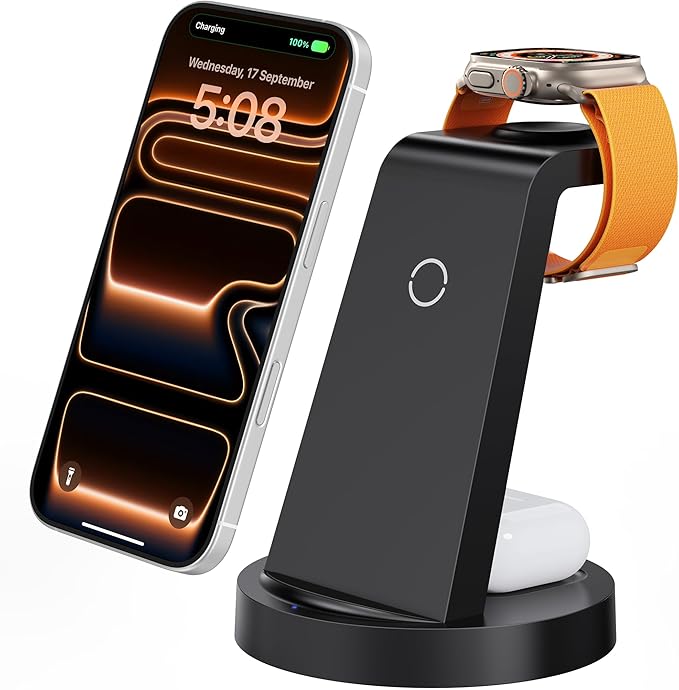 Anlmz 3 in 1 Charging Station for iPhone, Wireless Charger for iPhone 17 16e 16 15 14 13 12 11 X Pro Max & Apple Watch - Wireless Charging Station for AirPods 4 3 Pro
