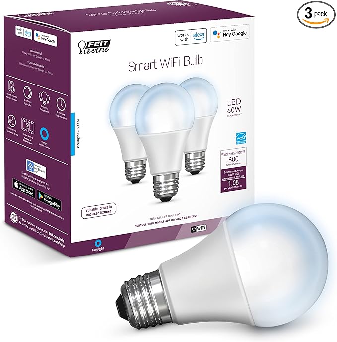 Feit Electric OM60/950CA/AG/3 60 Watt Equivalent WiFi Dimmable, No Hub Required, Alexa or Google Assistant A19 LED Smart Light Bulbs, 4.4" H x 2.4" D, 5000K Daylight, 3 Count