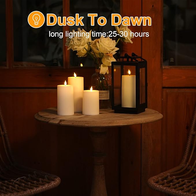 Solar Candles Outdoor Waterproof: Flameless Flickering Pillar LED Candles Set of 3 Dusk to Dawn Rechargeable Sensor Lights 3x4/5/6 Inch White