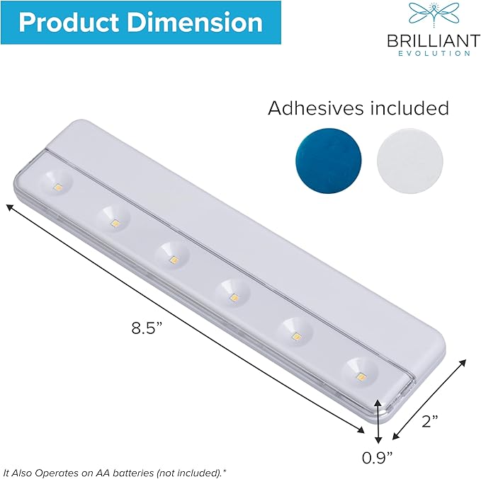 Brilliant Evolution 0.9" Ultra-Thin Wireless Under Cabinet Lights Battery-Operated LED Fixtures - 8.5" L Stick-On Push Lighting - 65 Lumens Warm White, Timer Included for Kitchen, Closet NAD Counter