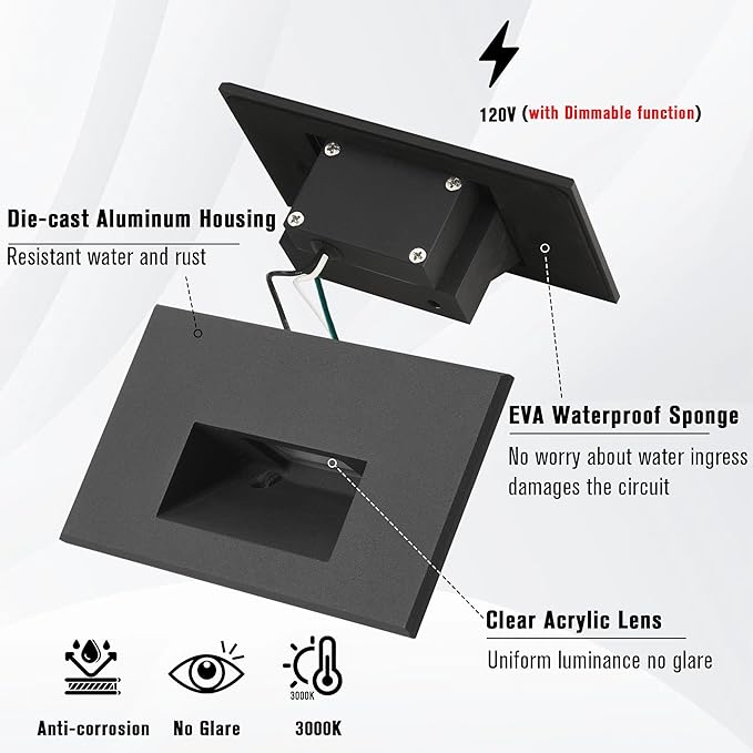 Outdoor Step Lights Indoor Stair Lights Dimmable 120V 4W 350LM, 3000K Warm White, IP66 Waterproof Horizontal LED Lights for Steps, Black Deck Stair Lights, 3-Pack