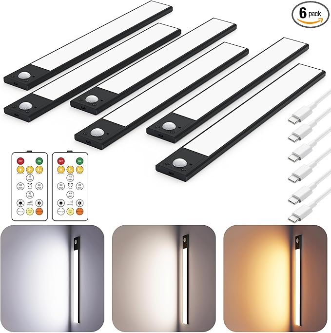12" Ultra-Thin Under Cabinet Lighting Cordless, Aluminum Alloy Under Counter Lights for Kitchen, 3-Color-Temps Magnetic Closet Lights, Rechargeable Motion Sensor Light Indoor (6 Pack, Black)