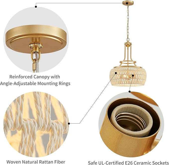 WUZUPS Rattan Boho Chandelier Rustic Farmhouse Industrial Round Coastal Hanging Pendant Light Fixture Wicker Lampshade for Dining Room Kitchen Island Foyer Entryway, H 19.6" x W 15.9", Gold