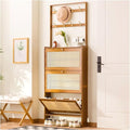 Modern Natural Rattan Coat Rack with 3 Flip Drawers Free Standing 3Tier Shoe Storage Rack for Heels and Slippers Entrance Hallway Entryway Organizer(70x17x186cm)