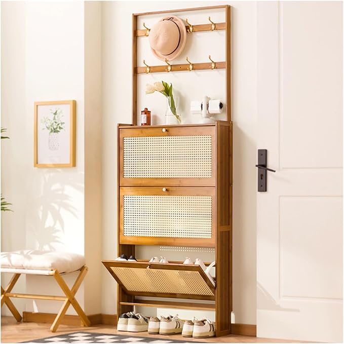 Modern Natural Rattan Coat Rack with 3 Flip Drawers Free Standing 3Tier Shoe Storage Rack for Heels and Slippers Entrance Hallway Entryway Organizer(50x17x186cm)