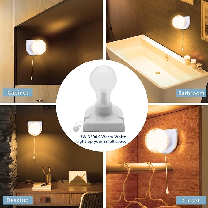 2 Pack Battery Operated Light Bulb, Stick-Up Battery Powered Wireless LED Closet Light Bulb, Self Adhesive Wall Light Fixture with Pull Chain for Cabinet Bedroom Kitchen, 3000K Warm White