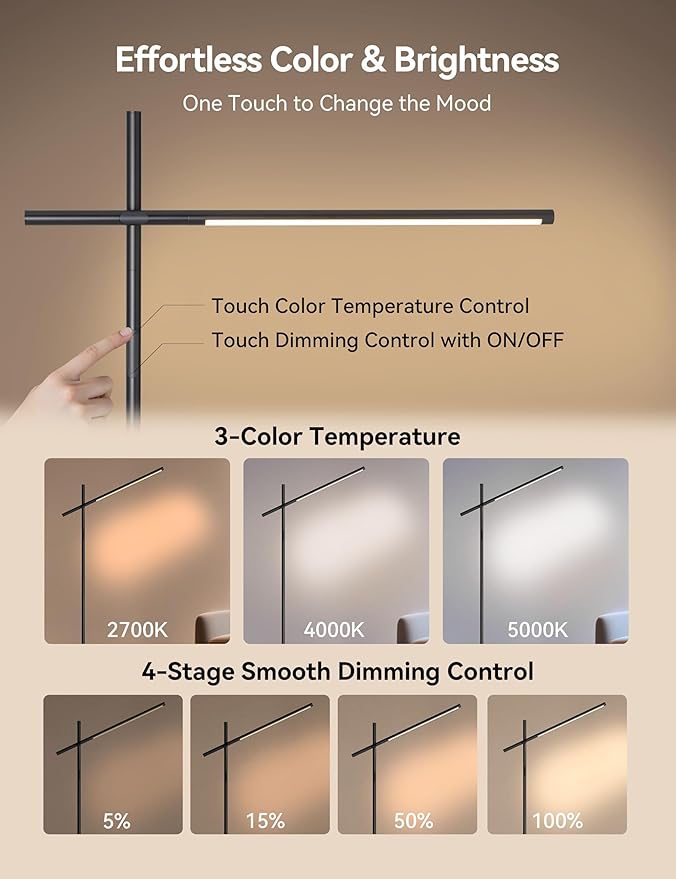 Tubicen Rotatable Corner Floor Lamp Triple-Joint 190° Arm 330° Head Rotation Standing Lamp 3 Color 4-Stage Touch Dimmable Modern LED Corner Floor Lamp for Bedroom Office Living Room Bedside Work