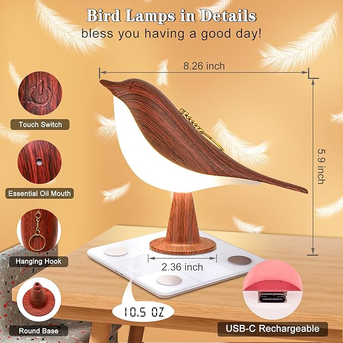 Small Cordless Bird Lamp, Touch Night Light with 3 Color Temperature/Dimmer Brightness/Touch Sensor/Aroma Diffuser, Rechargeable Battery Hummingbird Lamp for Kids, Bedside, Small Place (2Pack)