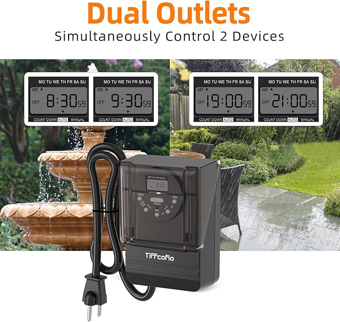 TiFFCOFiO Outdoor Digital Light Timer Outlet, 7 Day Programmable Plug in Timers for Electrical Outlets, 2 Grounded Outlets for Outdoor Lightings, ETL Listed