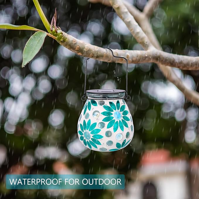 Bshine Mosaic Solar Lantern Outdoor Hanging Waterproof, Flower Mosaic Light Indoor Decorative Table, Garden Decor for Yard Outside, Path, Courtyard, Lawn, Birthday Gift for Mom Women Gardening