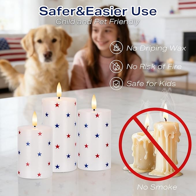 Patriotic Flameless Pillar Candles with Remote, 3 Pack Battery Operated Real Wax LED Candles, Perfect for 4th of July Independence Day Home Decorations Fireplace Table, Star Sticker