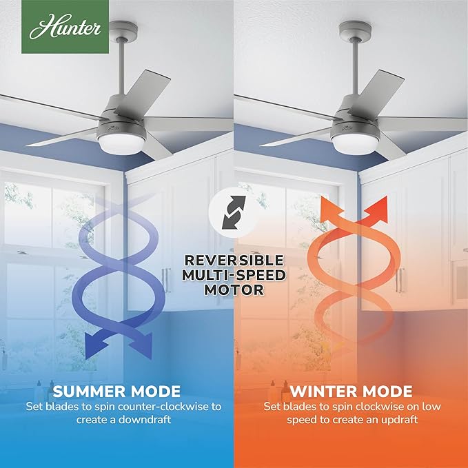 Hunter 52 inch Indoor Ceiling Fan with LED Light and Remote Control - Silver Modern Smart Ceiling Fan, Standard Mount, 5 Blades, For Bedroom, Living Room, or Kitchen - Aerodyne 51315, Matte Silver