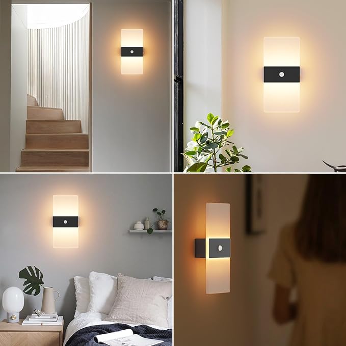 Wireless Motion Sensor Indoor Wall Sconces Set of 2, Morden Battery Acrylic LED Wall Lantern, Cordless Decorative Wall Lamps for Porch Patio Hallway Bedroom Living Room(Black)