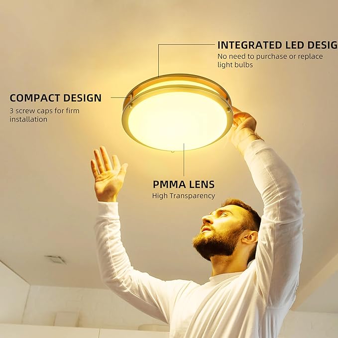 hykolity 10 inch Flush Mount LED Ceiling Light Fixture, 17W 1100lm, 2700K/3000K/3500K/4000K/5000K Adjustable Ceiling Lights, Gold Saturn Dimmable Lighting for Hallway Bathroom - 2 Pack