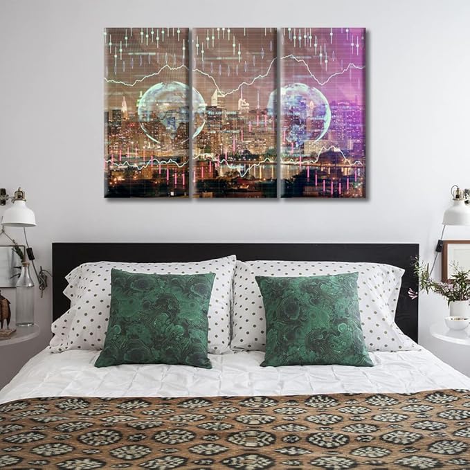 3 Panels Office Decor Forex Chart Drawings Over Cityscape Pictures Wall Art for Living Room Trading Graph on the Cityscape at Night Background Posters and Prints Framed Ready to Hang (36"Wx24"H)