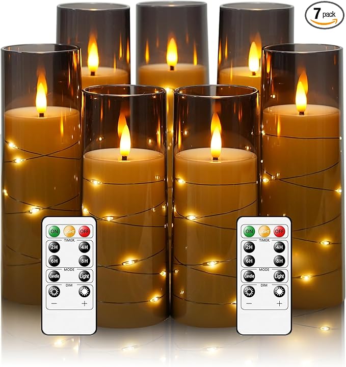 Flameless Candles with Embedded Star String, Battery Operated LED Pillar Candles with Timer and Remote Control,Home Decorating for Ambiance， Set of 7(Grey)