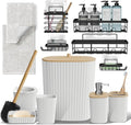 Clara Clark Bathroom Set - White Bathroom Accessories Set, 6PC Bathroom Accessory Set, Bathroom Sets with Bathroom Rugs, Adhesive Corner Shower Caddy Hanging, Toilet Brush, Trash Can & Soap Dispenser