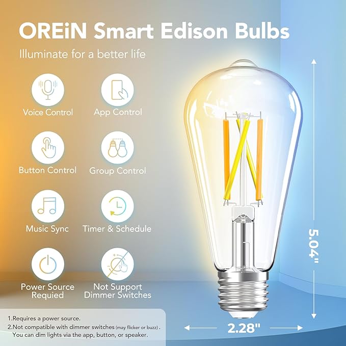 OREiN Smart Edison Light Bulbs, 2.4 Ghz Wi-Fi ST19(58) Vintage Light Bulbs E26, 800LM Dimmable via app, 2700-6500K Tunable, Smart LED Filament Bulb Works with Alexa/Google Home, 60W Equivalent 4Pack