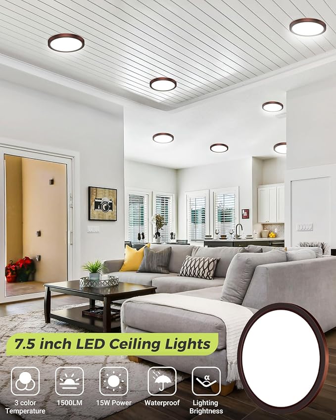 hepside 1PACK LED Flush Mount Ceiling Light, 3CCT Selectable 3000K-4000K-6500K & 100W Equivalent Modern Kitchen Recessed Ceiling Lamp 15W 1500Lm 7.5 Inch for Bathroom Closet Laundry Bedroom