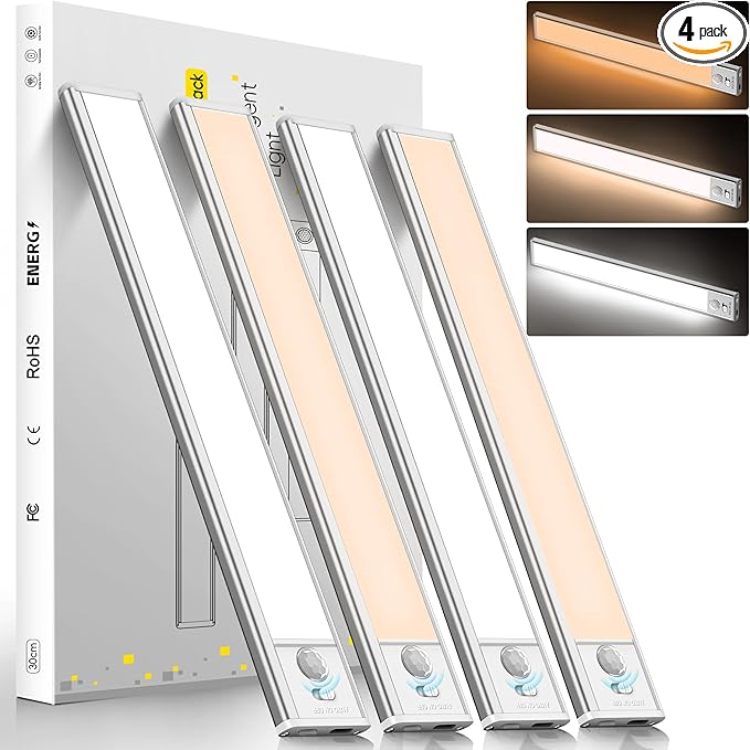 11.82inch Under Cabinet Lighting,2000mAh with Motion Sensor,54LED 3Color Temperature,Closet Lights Motion Sensored, USB-C Charging,Durable And easy-to-install Magnetic Cabinet Light,staircases,-4Pack